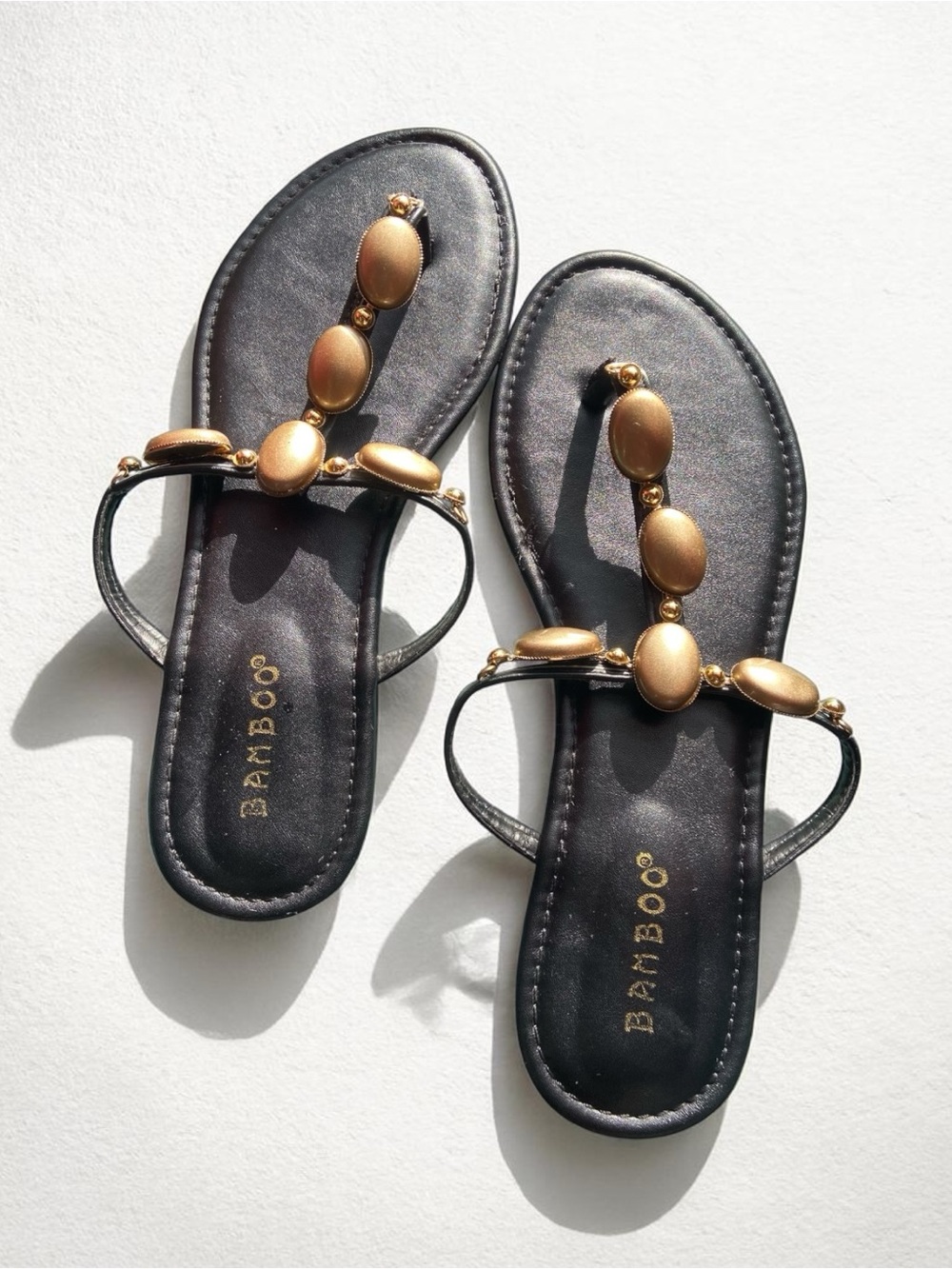 BAMBOO Black Sandals with Gold Oval Accents